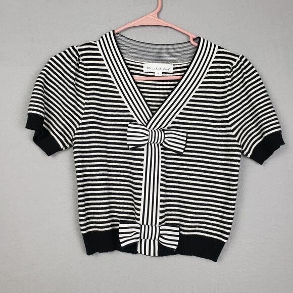 Threaded Leaf Size S Bow Front Sweater Black White Stripe Lolita Whimsigoth Y2K - Picture 1 of 8